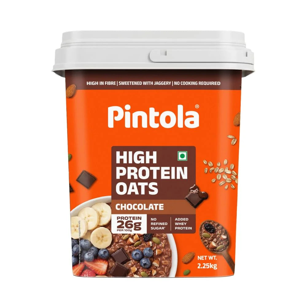 Pintola 26g High Protein Dark Chocolate Oats 1kg, No Refined Sugar, with Almonds, Raisins, Pumpkin & Chia Seeds, 9.6g Fibre, Rolled Oats for Weight management, Breakfast Cereals