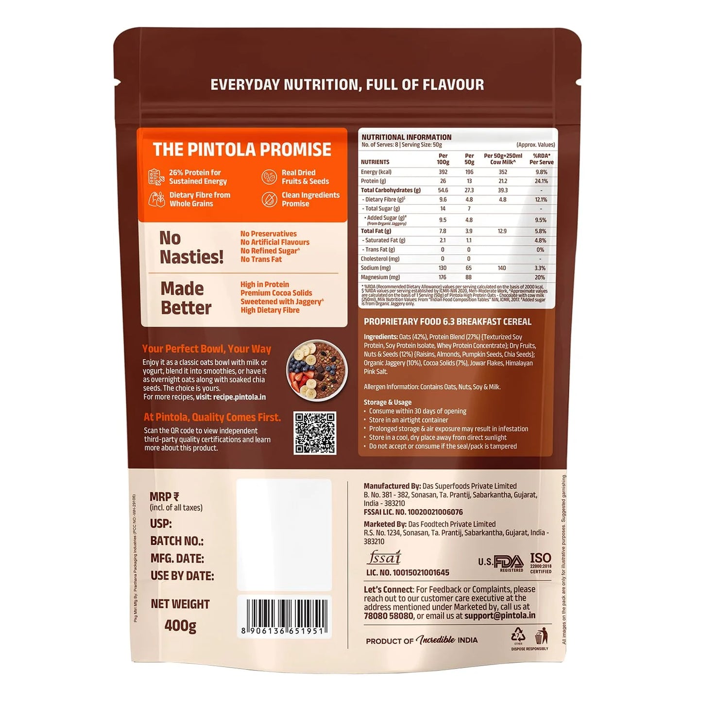 Pintola 26g High Protein Dark Chocolate Oats 1kg, No Refined Sugar, with Almonds, Raisins, Pumpkin & Chia Seeds, 9.6g Fibre, Rolled Oats for Weight management, Breakfast Cereals
