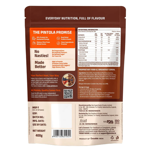 Pintola 26g High Protein Dark Chocolate Oats 1kg, No Refined Sugar, with Almonds, Raisins, Pumpkin & Chia Seeds, 9.6g Fibre, Rolled Oats for Weight management, Breakfast Cereals