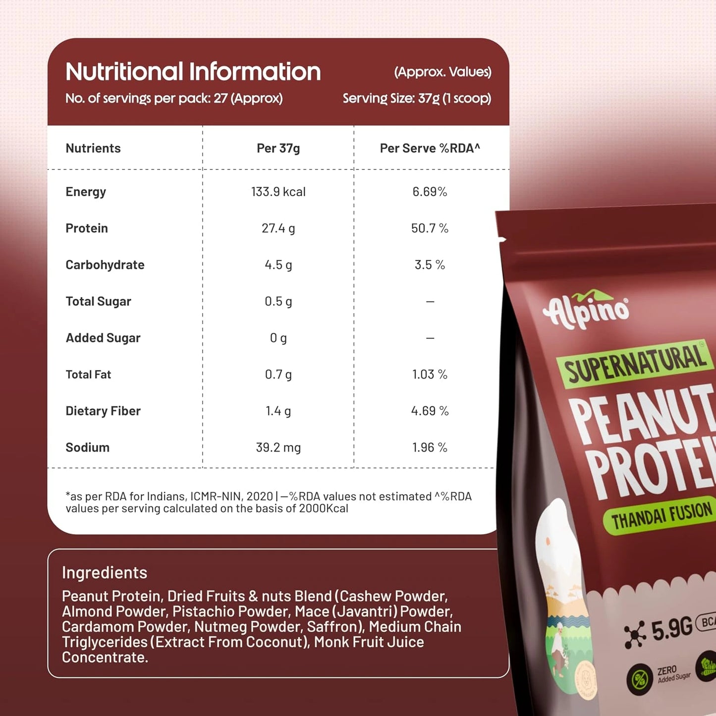 Alpino Supernatural Peanut Protein Powder, Thandai Fusion, 27g Protein per Scoop, 5.9g BCAAs, 0 Added Sugar, 1kg