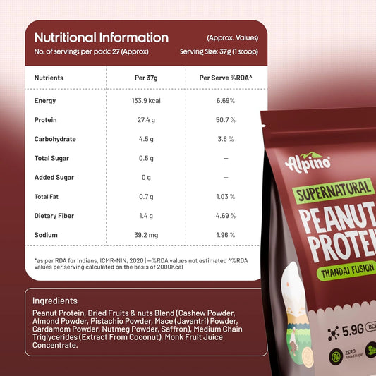 Alpino Supernatural Peanut Protein Powder, Thandai Fusion, 27g Protein per Scoop, 5.9g BCAAs, 0 Added Sugar, 1kg