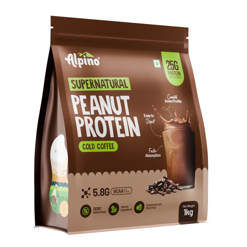 Alpino Supernatural Peanut Protein Powder Cold Coffee 1kg - 25g Plant Based Protein, 5.8g BCAAs, Real Coffee Beans, Vegan