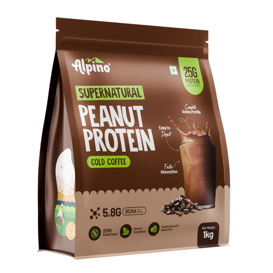 Alpino Supernatural Peanut Protein Powder Cold Coffee 1kg - 25g Plant Based Protein, 5.8g BCAAs, Real Coffee Beans, Vegan