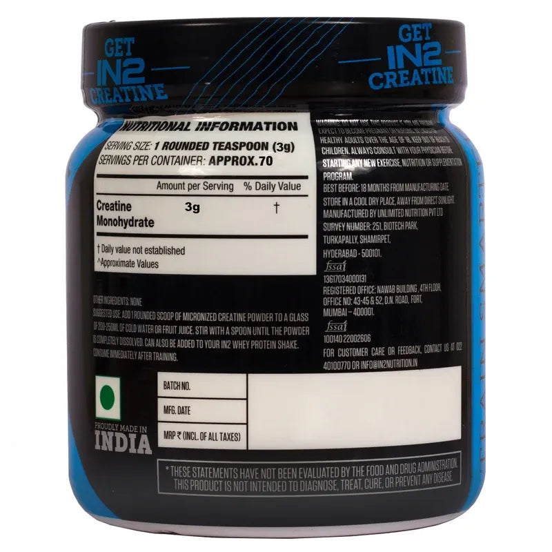 IN2 Creatine Monohydrate 210g – Unflavored Creatine for Strength & Muscle Support