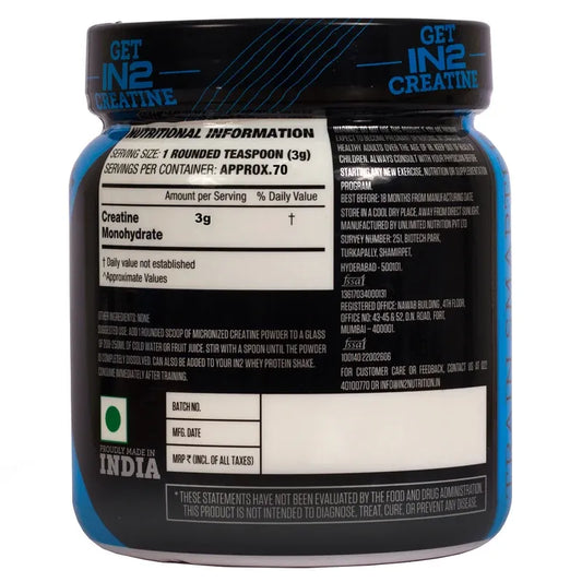 IN2 Creatine Monohydrate 210g – Unflavored Creatine for Strength & Muscle Support