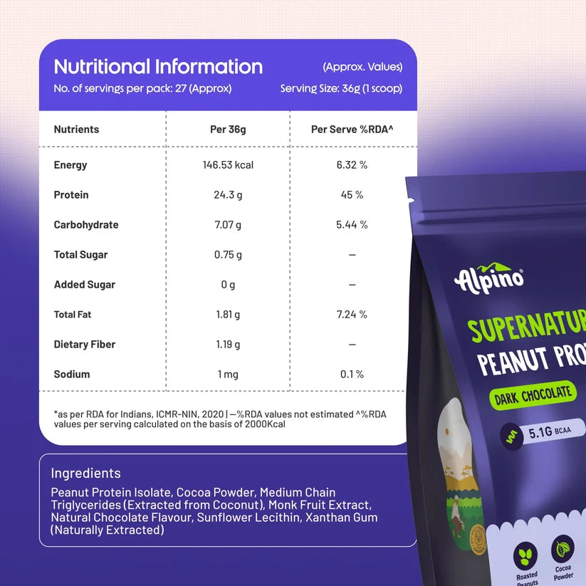 ALPINO Supernatural Peanut Protein Powder Dark Chocolate 1kg – Roasted Peanuts, Cocoa Powder & Monk Fruit - 24g Protein, 5.1g BCAAs, No Added Sugar