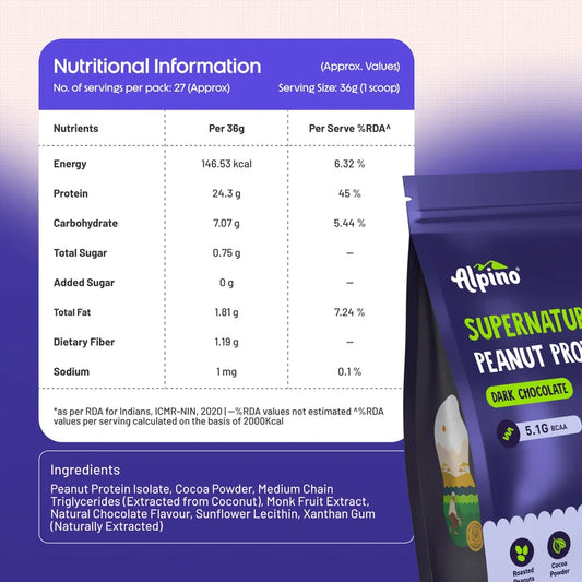 ALPINO Supernatural Peanut Protein Powder Dark Chocolate 1kg – Roasted Peanuts, Cocoa Powder & Monk Fruit - 24g Protein, 5.1g BCAAs, No Added Sugar