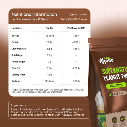 Alpino Supernatural Peanut Protein Powder Cold Coffee 1kg - 25g Plant Based Protein, 5.8g BCAAs, Real Coffee Beans, Vegan