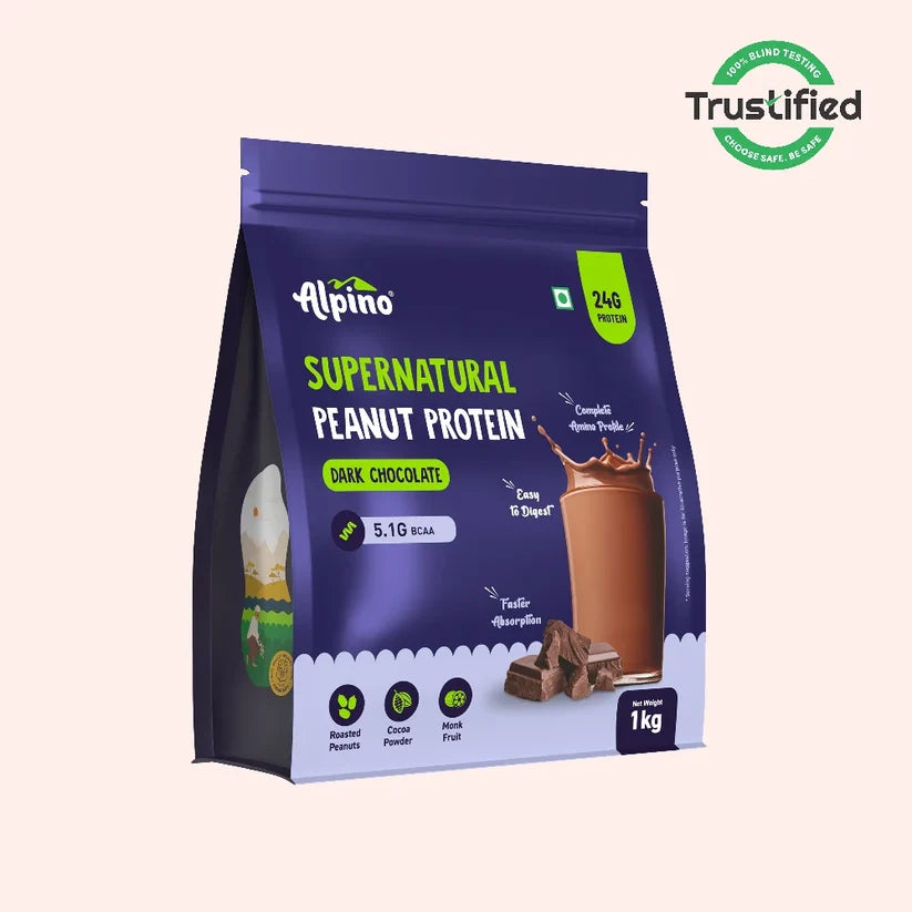 ALPINO Supernatural Peanut Protein Powder Dark Chocolate 1kg – Roasted Peanuts, Cocoa Powder & Monk Fruit - 24g Protein, 5.1g BCAAs, No Added Sugar