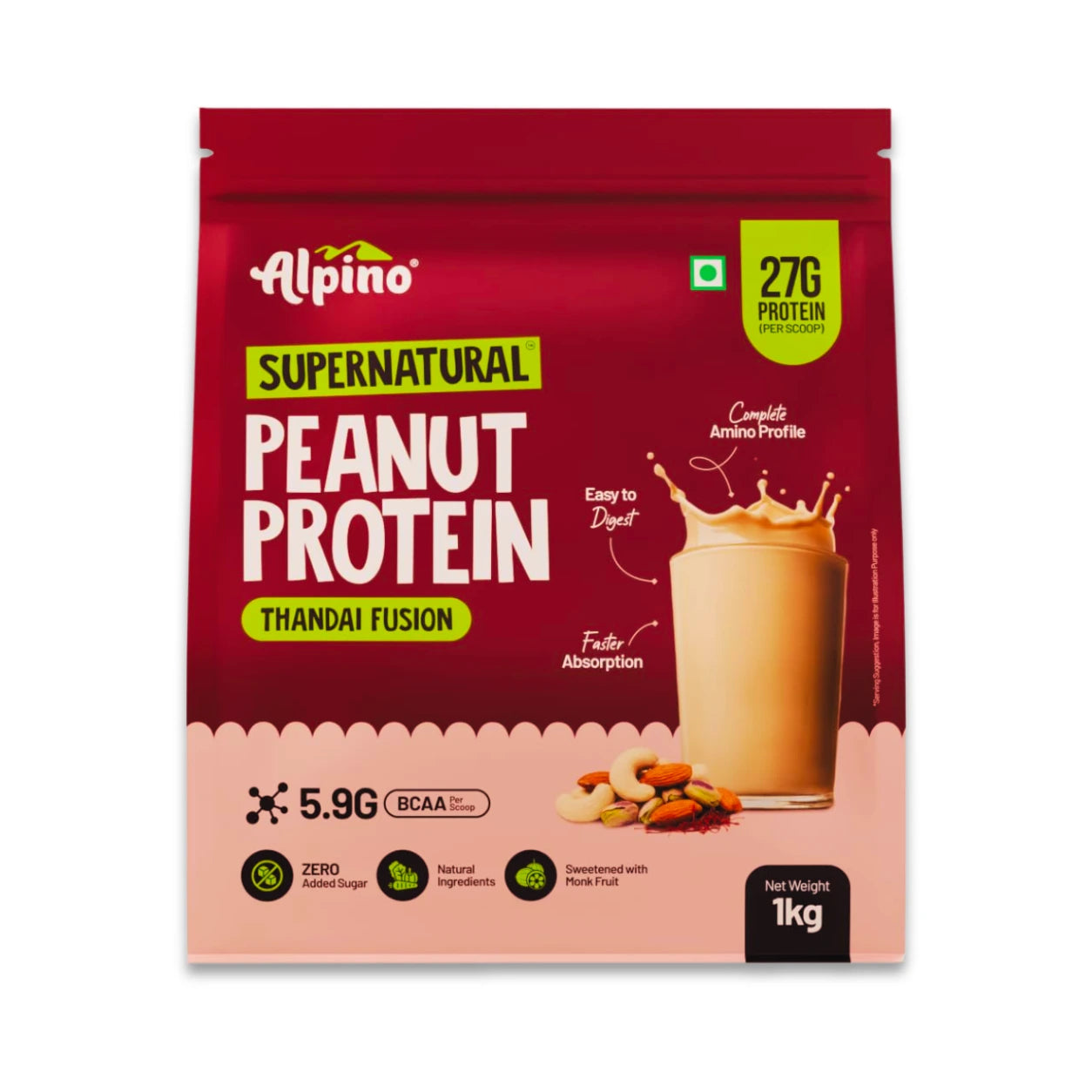 Alpino Supernatural Peanut Protein Powder, Thandai Fusion, 27g Protein per Scoop, 5.9g BCAAs, 0 Added Sugar, 1kg