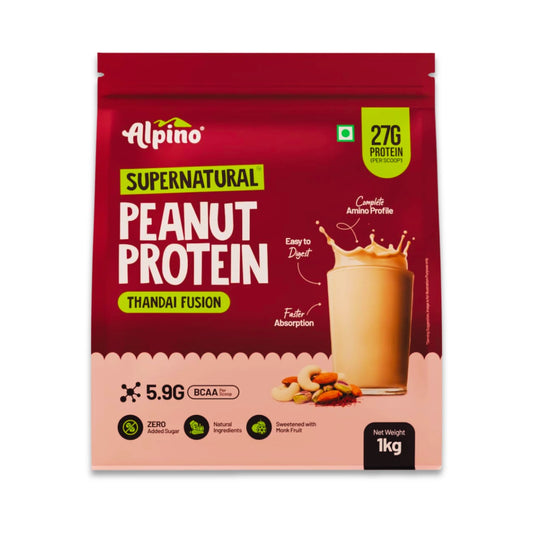 Alpino Supernatural Peanut Protein Powder, Thandai Fusion, 27g Protein per Scoop, 5.9g BCAAs, 0 Added Sugar, 1kg