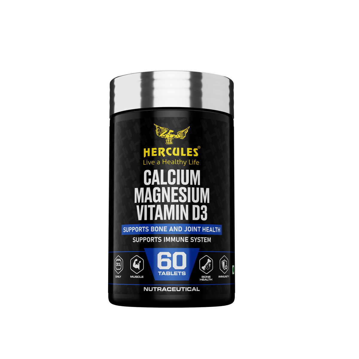 Hercules Calcium Magnesium Vitamin D3 Supports Bone And Joint Health Supports Immune System 60 Tablets - FitpuX