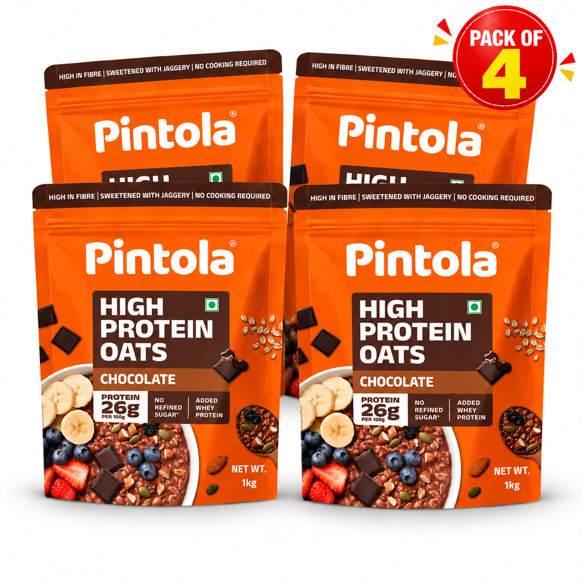 Pintola 26g High Protein Dark Chocolate Oats 1kg, No Refined Sugar, with Almonds, Raisins, Pumpkin & Chia Seeds, 9.6g Fibre, Rolled Oats for Weight management, Breakfast Cereals
